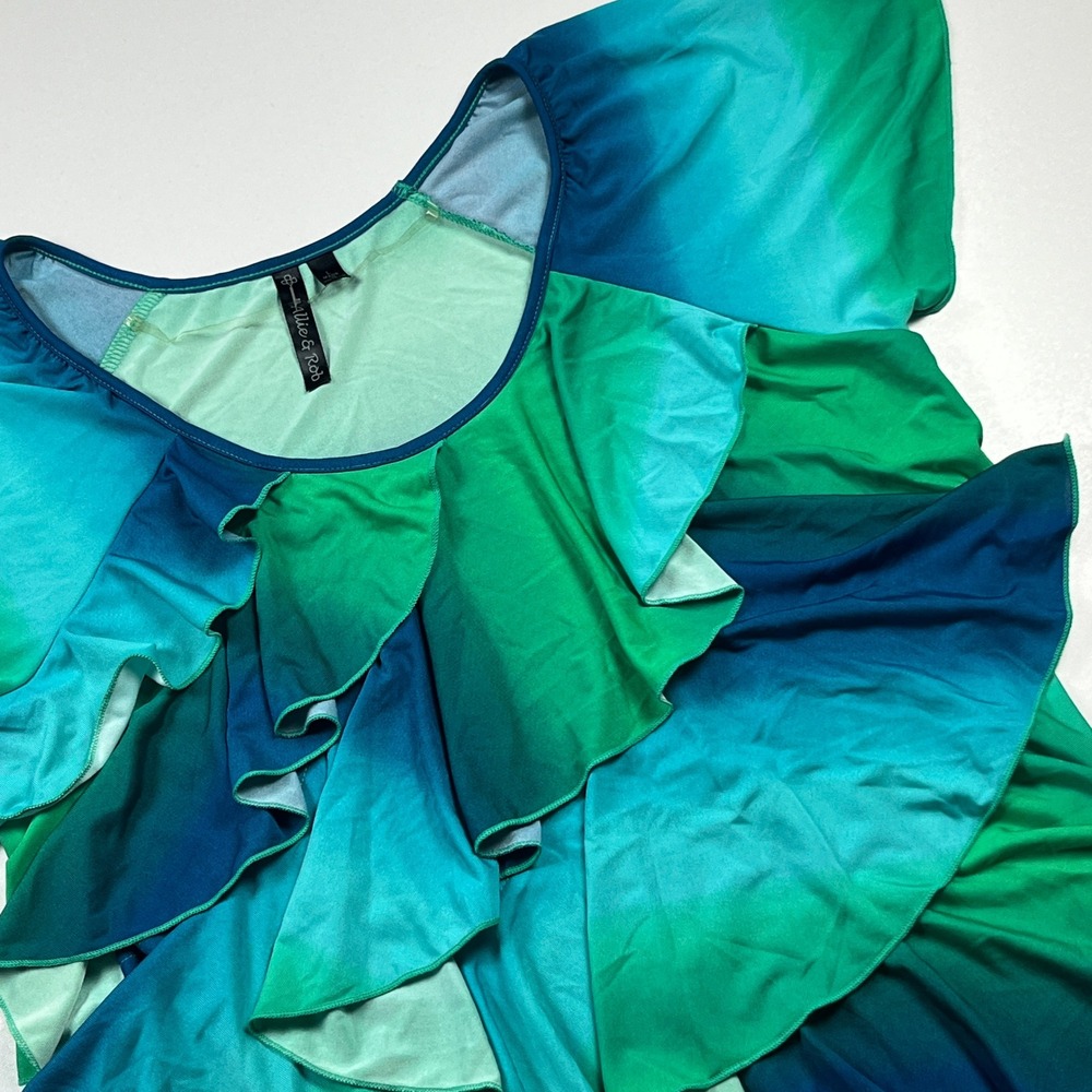 Allie & Rob Tiered Ruffle Front Blouse Top Size L Blue Green Ombre y2k Shirt